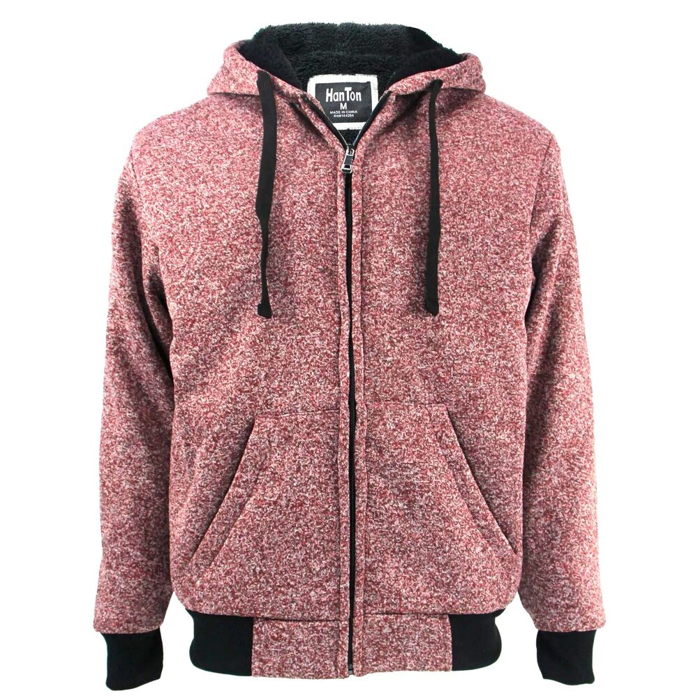 LeeHanton Mens Heavyweight Sherpa Lined Zip Up Hoodie Jacket Red Melange Size L - Picture 1 of 9